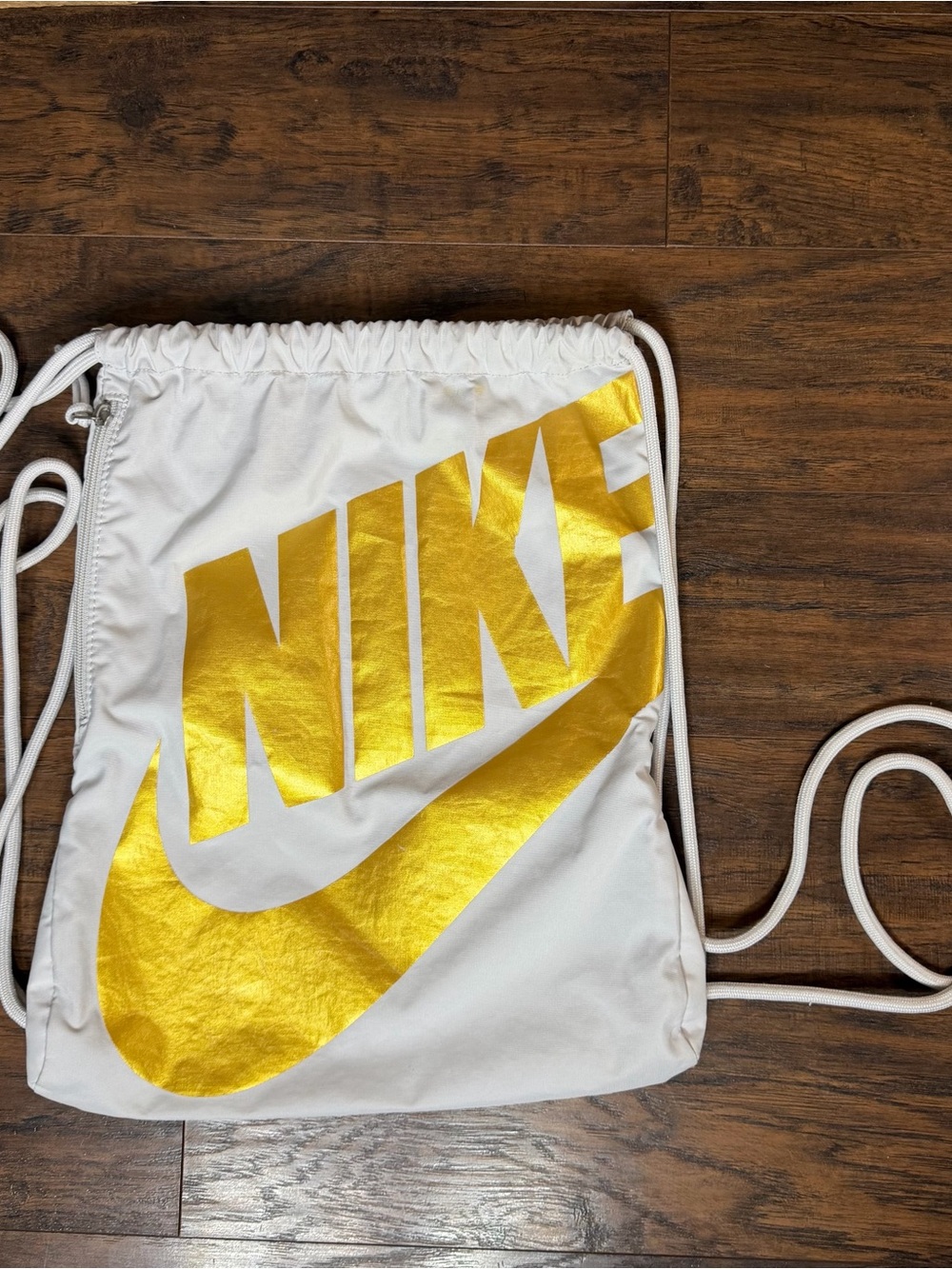 Nike Heritage Gymsack White Drawstring Backpack with Gold Logo